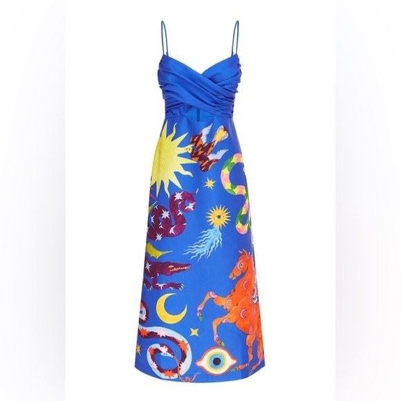 Authentic ALEMAIS Guardian Printed Satin Keyhole Midi Dress Sz US 2 - Picture 6 of 14